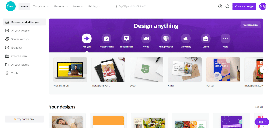 landing page of Canva an easy to use design tool