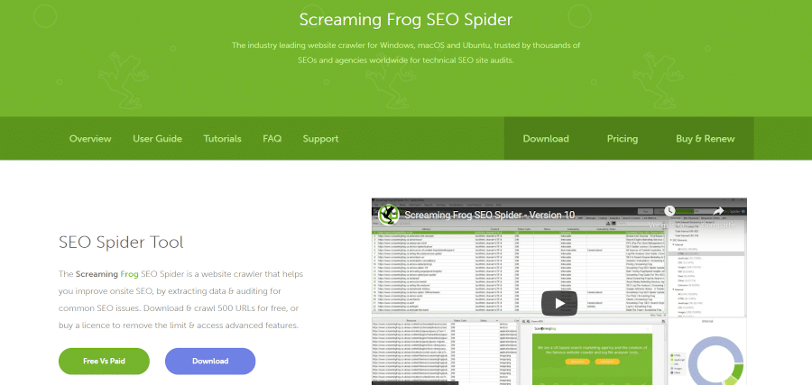 landing page of screaming frog SEO spider SEO website crawler